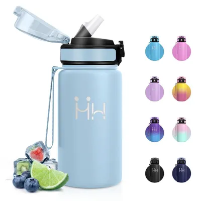 Produktbild von Thermosflasche Edelstahl 500ml mit Strohhalm, Isolierflasche, BPA-frei, hellblau