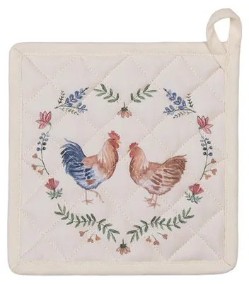 Produktbild von Clayre & Eef Topflappen 20x20 cm Beige Blau Baumwolle Huhn und Hahn