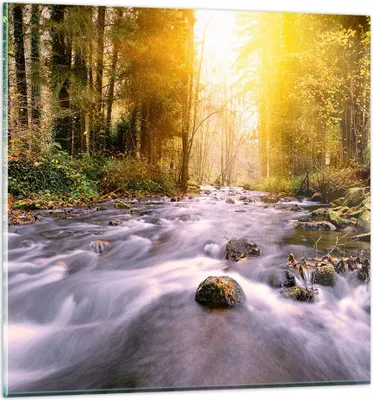 Produktbild von Bilder auf glas - Herbst Wald Berg Fluss - 30x30cm - Glasbilder - Wandbilder - Kunstdruck - zum Aufhängen bereit - Wanddekoration aus Glas - Glas Bilder - Wandbild auf Glas - Einteilig - GAC30x30-0504