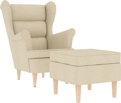 A cream-colored armchair and ottoman are shown against a white background.