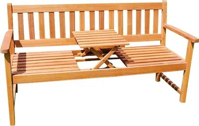 A wooden garden bench with an integrated, foldable table.