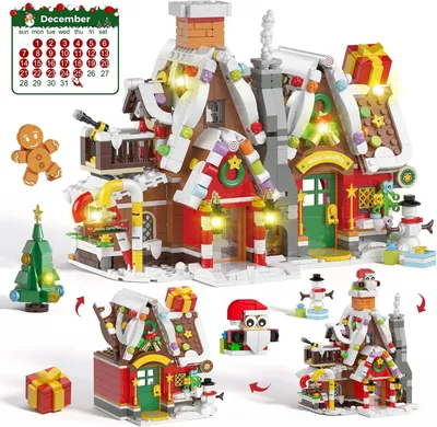 Productafbeelding van Adventskalender 2026 klembouwstenen - Peperkoekhuis - 24 dagen bouwstenen Kerstmis - 3-in-1 kerstdorp met verlichting