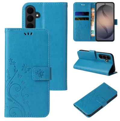 Produktbild von Handyhülle für Samsung Galaxy S26 FE Floral Blumen Schmetterling Flip Cover Hülle Case Klapphülle Handytasche Farbe: Blau