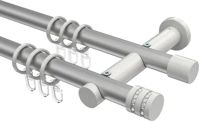 Produktbild von Interdeco Gardinenstange / Vorhangstange Silbergrau / Weiß, Typ Platon Estana (Glitzerkappe), 20 mm Ø 2-läufig, 520 cm