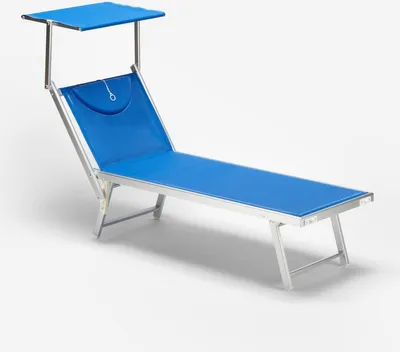 A blue and silver beach lounger with a canopy, shown against a white background.