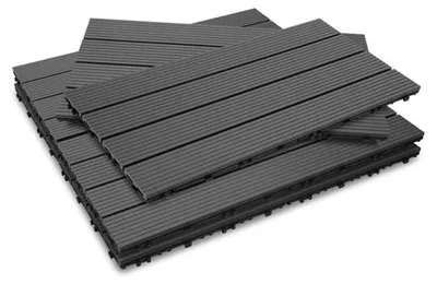 Zdjęcie produktu dla Szare deski tarasowe z kompozytu WPC, 60x30 cm, 6 sztuk, łatwe w montażu deski tarasowe do balkonu, tarasu lub tarasu otwartego, powierzchnia 1 m², system łączący typu "klik", idealne do zagospodarowania terenu, jako element dekoracyjny, do wykorzystania na balkonach.