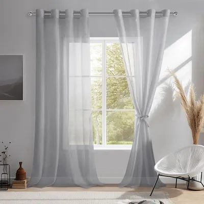 Produktbild von DWCN Set aus 2 Vorhängen, weißer Vorhang mit Ösen, transparente Vorhänge, weiß, Voile, Vorhänge mit Ösen, transparente Vorhänge mit Vorhangbändern, grau, 240 x 140 cm (Höhe x Breite)