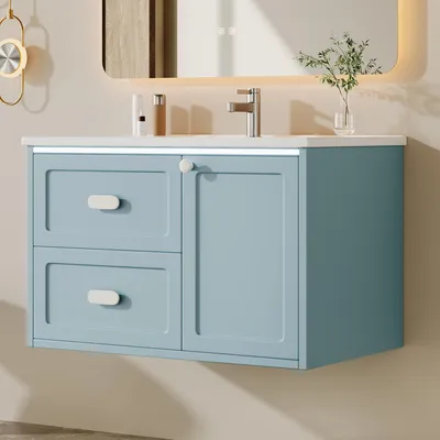Produktbild von Flieks Badezimmer-Hängeschrank mit LED-Radarsensor-Beleuchtung, zwei Schubladen, integriertes Waschbecken, Standschrank, Holzschrank, Blau