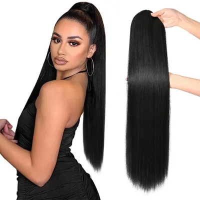 Obrázek produktu pro Doplňkový vlasový pramen, cop, 71 cm, rovný, syntetický materiál, černý, se stahovací šňůrkou