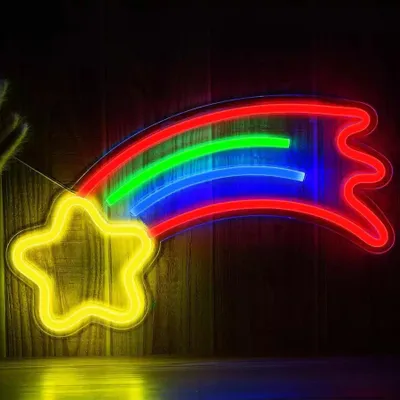 Productafbeelding van LED-wandlamp in neonstijl, decoratieve wandlamp met een sterrenstelsel en regenboogmotief, afmetingen ongeveer 40 x 21,8 x 2 cm