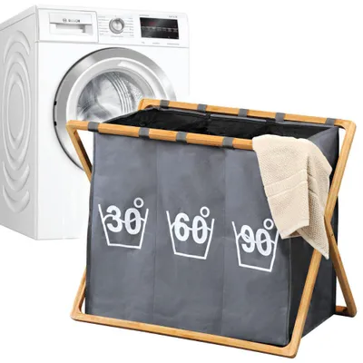 Productafbeelding van Wassorteerder 3 Vakken - Wasmand  Bamboe houten Frame - Sorteer op 30° 60° 90° - Grote opvouwbare wasmand met 3 Vakken - 141 L