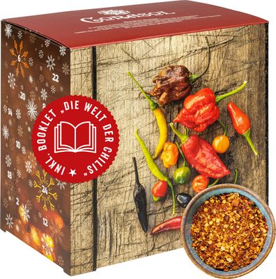 Corasol Premium Chili Adventskalender mit 24 geschroteten Chilisorten mit bis zu 1.5 Mio. Scoville, Geschenk-Idee für scharfe Männer (128 g)