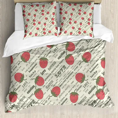 Obrázek produktu pro ABAKUHAUS Sada povlečení s motivem ovoce, retro valentýnský motiv s jahodami, láskou, štěstím a štěstíčkem, 155 x 220 cm + 80 x 80 cm, armádní zelená, barva vaječné skořápky, rubínová