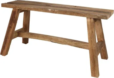 A rustic wooden bench against a white background.