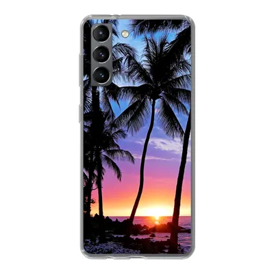 Produktbild von MuchoWow® Handyhülle Schutzhülle Hülle für Samsung Galaxy S21 Eine Silhouette von Palmen während eines Sonnenuntergangs auf Hawaii Silikon Softcase Handy Hülle - Softcase