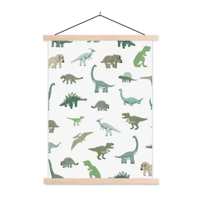 Produktbild von MuchoWow® Textilposter Dinosaurier - Grün - Jungen - Braun - Kind - Muster 40x53 cm mit holzfarbenen Rahmen - Schlafzimmer