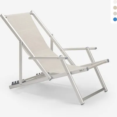 A studio shot of a folding beach chair.