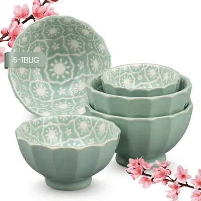 Imagen del producto de Juego de 5 cuencos de porcelana, color verde menta, con diseño bohemio