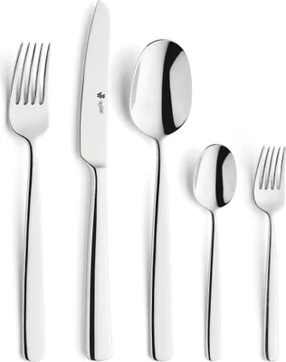 A set of cutlery, including forks, knives, and spoons, arranged neatly on a white background.