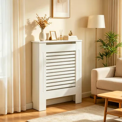 Immagine prodotto di FATIVO Copriradiatore 78x19x101cm: Copertura per radiatore extra alta in bianco con finitura effetto legno, in MDF ispessito, lamelle orizzontali