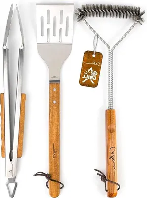 Produktbild von Famanu Grillbesteckset aus Edelstahl mit Holzgriff - 4-teiliges Grillzubehör