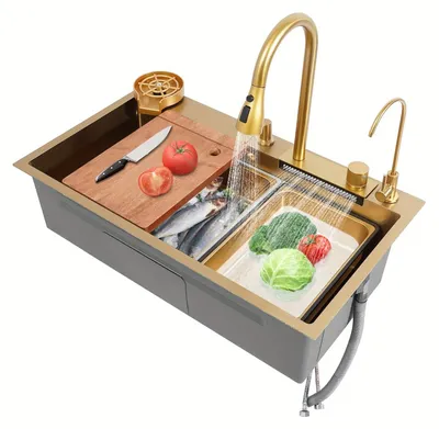 Immagine prodotto di Lavello da cucina in acciaio inossidabile dorato, 80 cm - Lavello - Lavello da cucina - Lavello per piatti - Lavello - Acciaio inossidabile 304