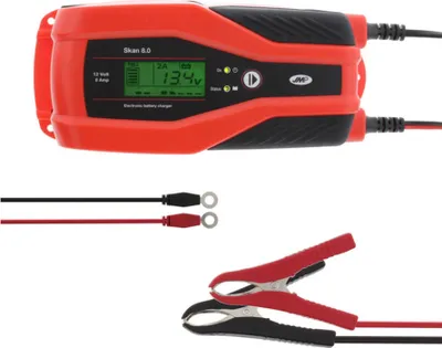 A battery charger and its accessories are displayed against a white background.