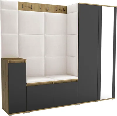 Obrázek produktu pro Šatní sestava Noris VIII se zrcadlem, čalouněná skříň 145 cm s botníkem, nástěnnými panely a lavicí (barva: dub Artisan/černá+ Trinity 01)