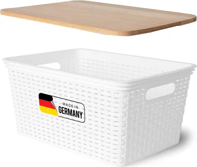 Produktbild von Novaliv Aufbewahrungsbox mit Holzdeckel Groß 14L Korb Weiß in Rattan Design Lebensmittelecht Aufbewahrungskorb Stapelbox Nestbar Kunststoff BPA-frei Kiste Verstaubbox mit Deckel