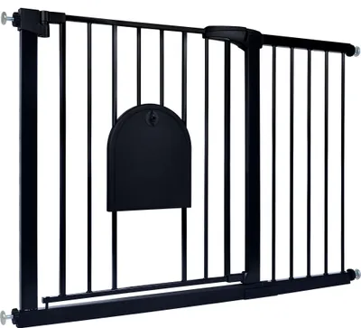 Image de TRMLBE Barrière de sécurité pour enfant avec porte pour animal, Barrière de sécurité N Stop avec Sans Percer et Grille Métallique/Extensible avec Rallonge séparée / 105-115 cm de large - Noir
