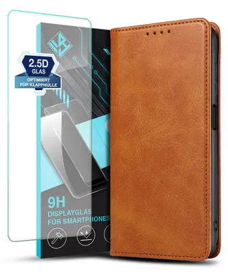 Produktbild von Handyhülle für Samsung Galaxy A25 5G mit 9H Displayglas Kunstleder Flip Cover Hülle Klapphülle Case Kartenfach Farbe: Hellbraun