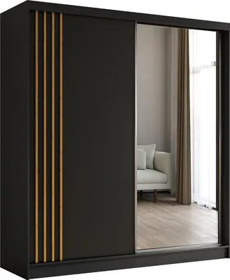 Produktbild von ALTDECOR Kleiderschrank mit Spiegel und Schiebetüren, kugelgelagerte Führungsschienen und Aluminium-Leisten, LED-Beleuchtung (16 Farben) und Fernbedienung - NALLA - 200 cm (Schwarz + Schwarz + Artisan)