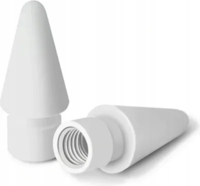 Two white stylus tips for an Apple Pencil are shown on a white background. One tip is standing upright, and the other is lying on its side, showing the threaded interior.