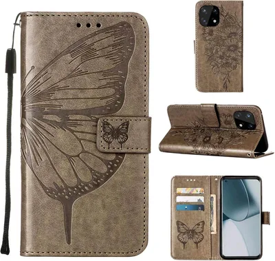 Produktbild von OnePlus 10 Pro Hülle, Schmetterling Prägung Flip Leder Kartenfächer Schutzhülle Ledertasche mit Ständer für OnePlus 10 Pro Grau