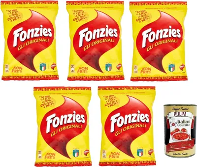 Produktbild von Fonzies Der originale, Original knusprige Mais-Snack mit Käse-Geschmack, Mais snack mit Käse Multipack, Beutel , 5x 100 g + Italian gourmet polpa 400g