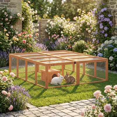 Produktbild von Kaninchen Freilaufgehege aus Tannenholz, Hasenstall Auslauf mit 2 Türen, Kleintier Freigehege großflächig, Orange | 180 x 150 x 48 cm | 15,8 kg