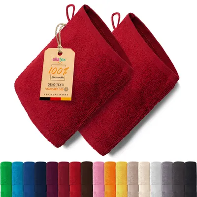 Produktbild von EllaTex PARIS 2er Set Waschhandschuhe 15x21 cm – 100% Baumwolle, 500 g/m² Frottier, in Farbe: Rubinrot