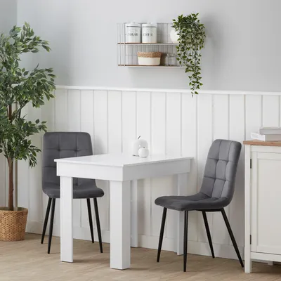 Image de Table 90x60 cm en Bois Blanc Group Salle à Manger 2 Chaises Velours Gris Table à Manger