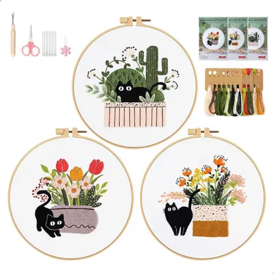 Produktbild von Sticken Set für Anfänger, 3 Stück Embroidery Kit mit Reifen, Garn und Nadeln, DIY Kunst Handwerk Schwarze Katze Blumen