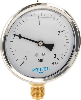 Produktbild von Profec Manometer -1 bis 3 bar, Glyzeringefüllt, Ø 100 mm, 1/2 Zoll Anschluss nach unten Radial
