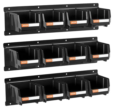 Obrázok produktu pre Nástenné stohovacie boxy VEVOR, 137x105x75 mm (balenie 12 kusov) a 3 kovové koľajničky, otvorené úložné boxy na skrutky, matice, skrutky, klince, organizér na náradie do dielne, remeselnej miestnosti, garáže, čierna farba