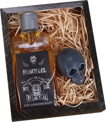 Produktbild von Pflege Geschenkset für Männer mit Duschgel und Seife als Totenkopf in Geschenkbox - Lustiges Geschenk für Biker & Motorradfahrer - 200 ml & 30 g
