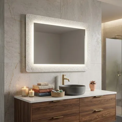 Immagine prodotto di Specchio con cornice bianca in vetro fuso con graniglia e led 90x62