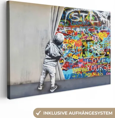 Produktbild von Wanddeko 90x60 cm - Banksy - Junge - Ilussie - Straßenkunst, Wandbilder, Wanddeko Wohnzimmer