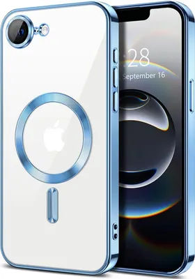 Image de Étui transparent magnétique pour iPhone 16e/iPhone 17e, compatible avec MagSafe, étui de protection métallisé avec protection pour l'appareil photo Bleu clair