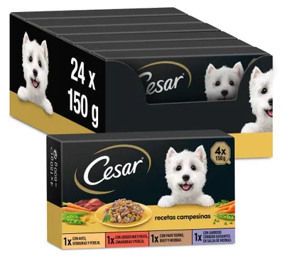 Productafbeelding van Cesar hondenvoer, selectie van boerenrecepten in saus, multipack (6 x 4 bekers x 150 g) – grootverpakking 150 g (24 stuks), boerenrecepten in saus 6 x 4
