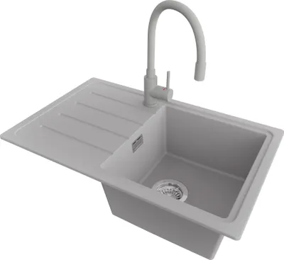 Produktbild von PRIMAGRAN Granitspüle Grau 70x44cm, Spülbecken 1 Becken + Küchenarmatur 38x14cm + Ablauf-Set, Küchenspüle ab 45er Unterschrank - Kopenhagen Easy