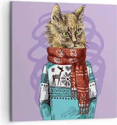 Produktbild von Bild auf Leinwand - Leinwandbild - Katze Schal Illustration hipster - 60x60cm - Wand Bild - Wanddeko - Leinwanddruck - Bilder - Kunstdruck - Wanddekoration - Leinwand bilder - Wandkunst - AC60x60-3201