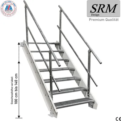 Produktbild von 7 Stufen Stahltreppe Weiß Breite 150 cm Geschosshöhe 100 - 140 cm 2x Geländer