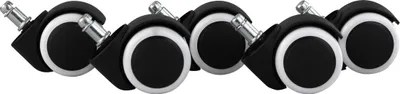 Five black and silver casters are lined up diagonally against a white background.